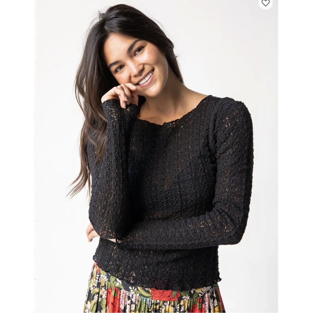 Natural Life Lace Layering Top L Black Long Sleeve Semi Sheer Stretchy Boho - Picture 1 of 13